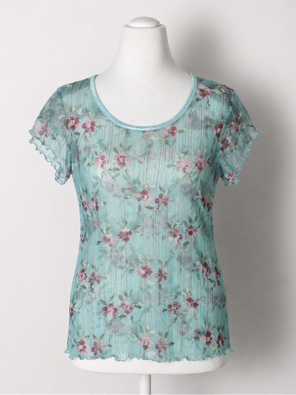 B. Moss Top Sheer Floral Lace Medium Bluegreen Pink Flowers Fairy Cottagecore